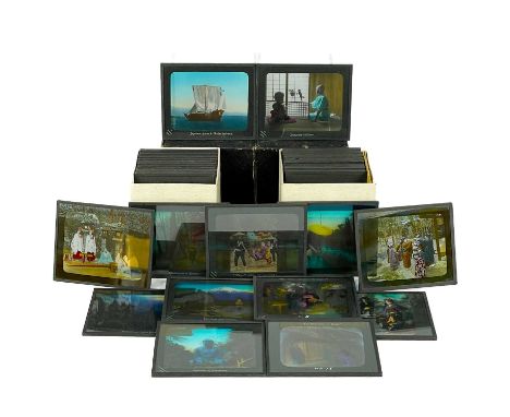 Japan interest. A collection of glass lantern slides. Fourty-nine (mostly) colour glass slides in two boxes, with descriptive