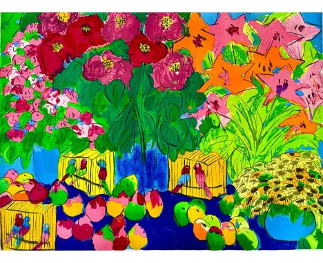 Walasse Ting. (1929-2010) 'Perroquets dnas leurs cages', unframed silkscreen print, 120 x 160cm.This print is neither signed 