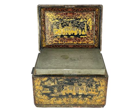A large Chinese export lacquer tea caddy with pewter liner, 19th century. .The cover inscribed 'Dr A. Anderson', decorated wi