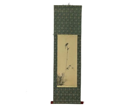 A Chinese scroll depicting a bird and caterpillar, 20th century. With silk surround, red seal, total length 119 x 23.5cm.