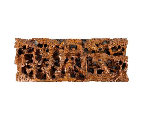 A Chinese bamboo rectangular panel, 20th century. Carved with a punt, figures and trees, 7 x 18cm.