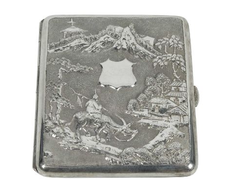 A Chinese silver cigarette case, stamped 'Luenwo'. Repousse decorated with a river scene and man riding a buffalo in the fore