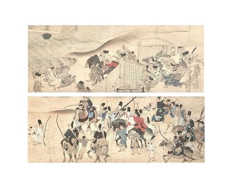 Two framed Japanese woodblock prints, early 20th century,  Frame size 23.5 x 84cm, print size 13.5 x 35.5cm.