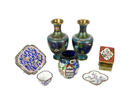 Miscellaneous cloisonne and enamel items. To include a matchbox holder, cup and saucer, dish, pair of vases and a vase in the