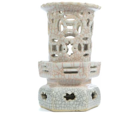 A Chinese crackle glazed lamp, Song Dynasty style. The circular pierced top on an hexagonal base, height 18.5cm, width 11cm.F