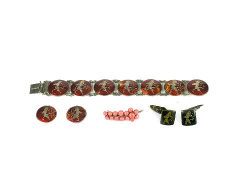A Siam sterling silver and red enamel bracelet and matching clip earrings. Length of bracelet 18cm; together with a pair of S