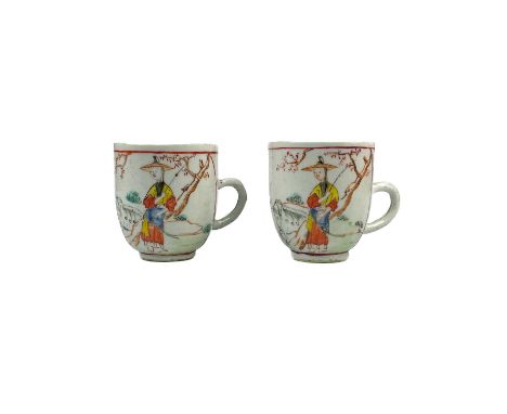 Two Chinese porcelain coffee cups, 18th century. Each painted with an animal and figures in a landscape, height 6.5cm, diamet