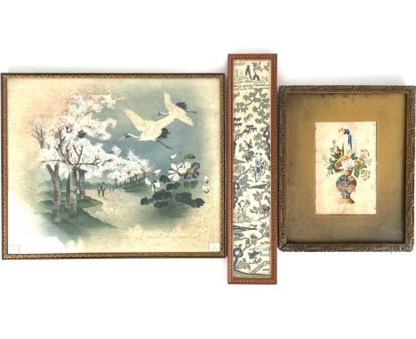 A Chinese textile panel decorated with figures within a garden. Together with a Chinese silk painting and a Japanese silk pai
