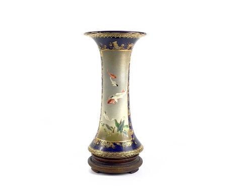 A Japanese Satuma porcelain trumpet vase, Meiji period, signed. With seated samurai seated in an interior setting, opposed by