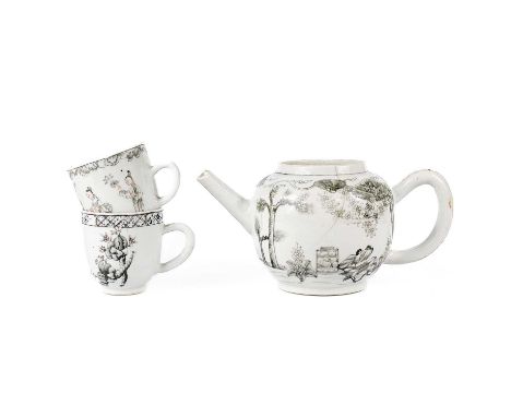 A Chinese export porcelain en grisaille teapot, Qianlong. Height 10cm, width 19cm, diameter 10cm and two similar coffee cups,