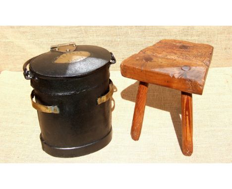 A MILK DELIVERY CAN AND A MILKING STOOL. Brass fittings on the late 19th century can include a plate engraved ‘Charman Albury