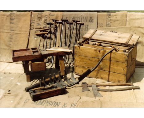 AN OUTSTANDING 19TH CENTURY WELSH CLOG MAKER’S WORK BENCH, TOOLBOX, TOOLS & ORIGINAL PAPERS. The many tools include stock kni