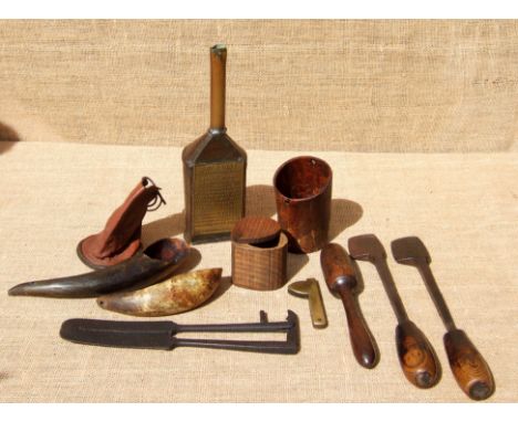 A SHEPHERD’S MEDICAL AND SURGICAL AIDS. A tin and brass drenching bottle. A horn salve box. Another, wooden with swivel lid. 