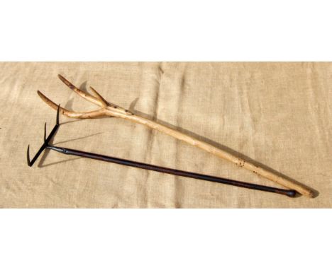 A FINE WOODEN BARLEY FORK AND A STUBBLE RAKE. Both 19th century. The 3-tine iron rake has an elegantly shaped shaft. The fork