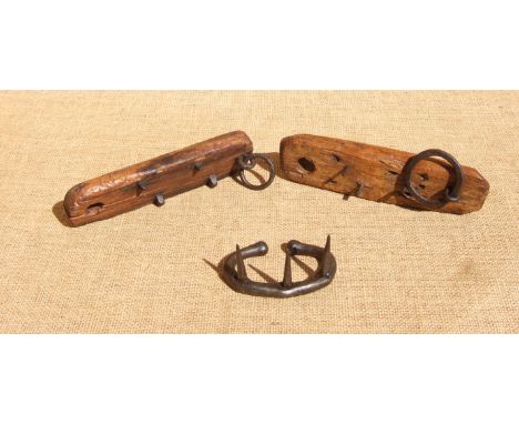 A SPIKED NOSE RING AND TWO SPIKED NECK PIECES. All 19th century, from North Yorks. To deter calves from suckling. The spiked 