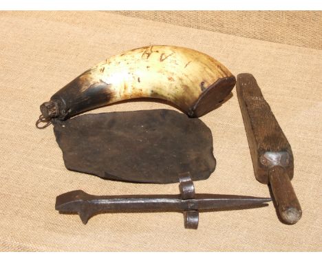 A WELSH REAPER’S GRIT HORN, A STRICKLE STICK, AND A FIELD ANVIL. Unusually, a leather mixing pad is attached to the horn. It 