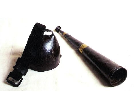 A HARVEST HORN AND A COW BELL. The 19th century brassbound tin horn (43cm) is from the Clitheroe district, Lancs. It called t