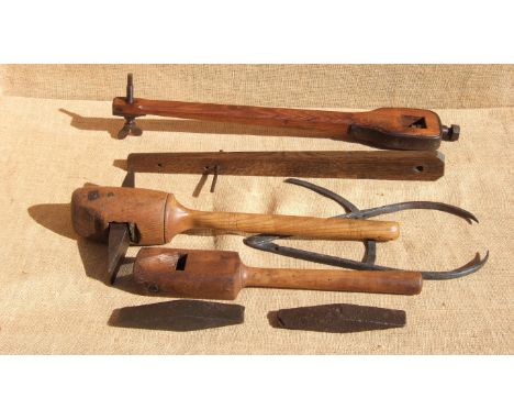 SEVEN MILLWRIGHT’S TOOLS. Includes a hammer-like mill-bille to re-cut millstone grooves. Its high carbon steel bit is mounted