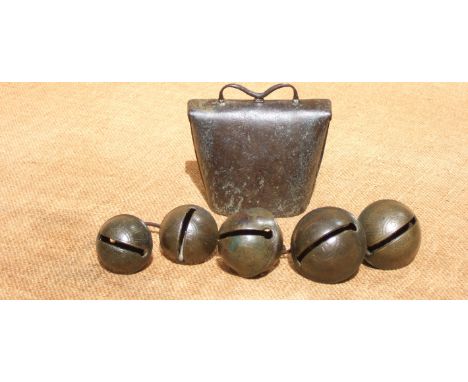 FIVE FINE RUMBLER BELLS AND A CLUCKET BELL. All late 18th century. The large rumblers are decorated. The clucket was brass-di