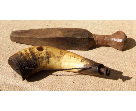 A REAPER’S GREASE AND GRIT HORN, AND A STRICKLE STICK. Both 19th century. The strickle is unusually broad and long (48cm).