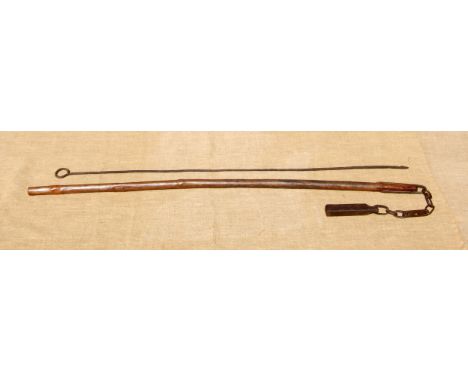 A HEAVY FLAIL (BINDLE) AND A RICK SAMPLER. Flail early 20th century. Unusual and scarce. Believed used to beat hemp in 3ft di