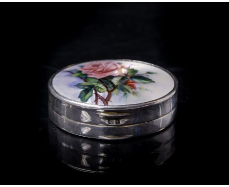 A circular silver and enamel cosmetic box, enamel pink rose decoration to the cover, maker Ollivant & Botsford, Birmingham 19