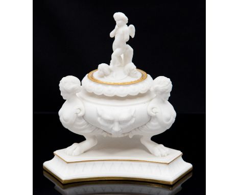 Kerr & Binns, Worcester, unglazed white bisque/Parian inkwell, the ovoid basin supported on Harpy type feet, the lid modelled