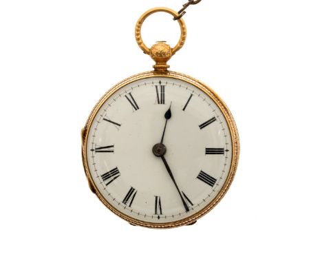 A Victorian Thelwall of Manchester 18ct gold cased lady's open faced fob watch, circa 1900, 3.5cm white enamel Roman dial, ke