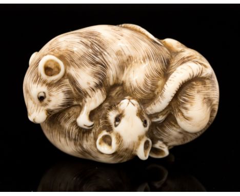 An Oriental ivory netsuke, carved as two rats, signed, width 4.5cm