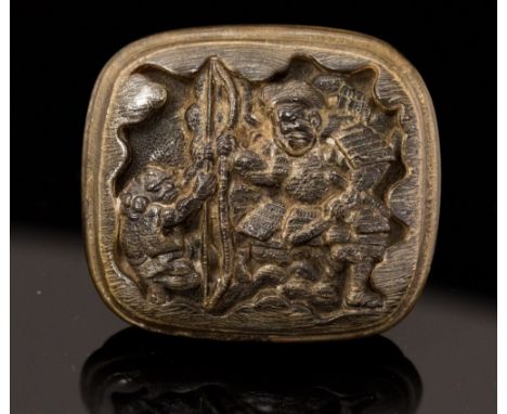 An Oriental treen netsuke, carved as with a galleon and archers, width 4cm