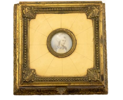 *An early 20th Century Italian square gilt metal lidded jewel casket, the hinged lid inset with a roundel portrait of a lady 
