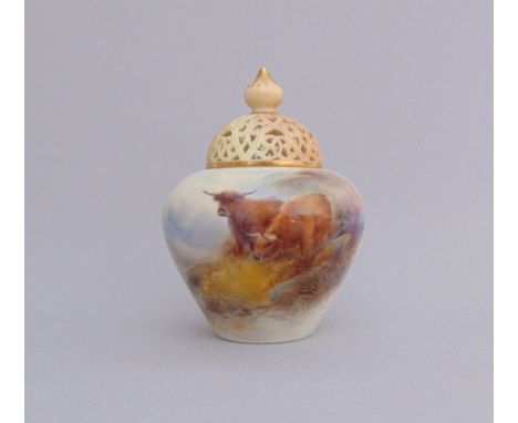 A Royal Worcester  twin handled vase with reticulated neck, painted with Highland cattle by Harry Stinton, signed, circa date