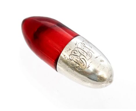 A Victorian silver and ruby glass scent bottle, torpedo shaped, of pocket size, cork seal, maker Sampson Mordan & Co, hallmar