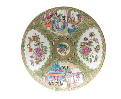 A Chinese Cantonese enamel circular stand, mid 19th Century, decorated with panels of figures in domestic settings and floral
