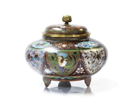 A Chinese cloisonne bowl and cover, of squat ovoid form, aventurine enamelled cartouches and lappets alternating with turquoi