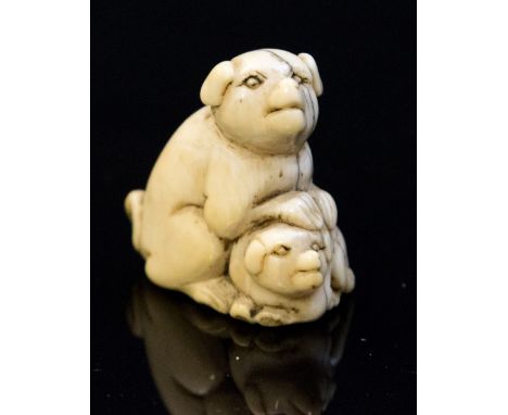 An Oriental ivory netsuke, carved as a dog and puppy, height 3cm