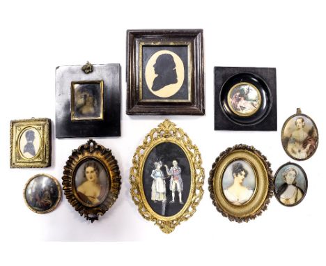 A collection of ten assorted portrait miniatures, 19th Century and later, to include examples on ivory, silhouettes, Watteau 