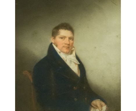 *Raphael Smith, John RA (British, 1752-1812) 
Portrait of a gentleman, half length seated in a blue coat and holding a letter