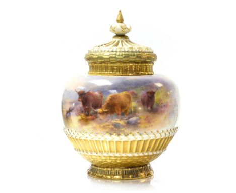 Stinton for Royal Worcester, circa 1936, a large pot pourri vase and covers, painted with a Highland cattle scene, signed Sti