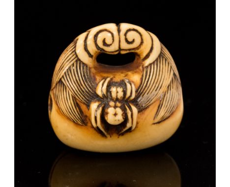 An oriental ivory netsuke, carved as a gourd with spider on, width 3cm