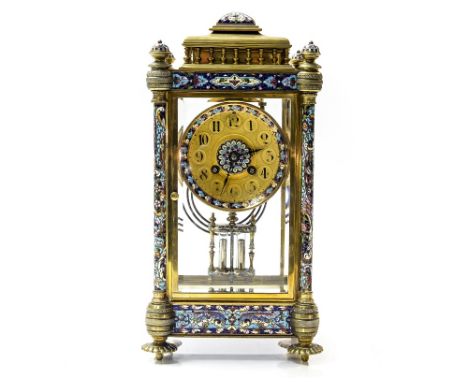 A French brass four glass bracket clock, late 19th Century, of architectural form, bevelled glass glazing, champleve enamel d