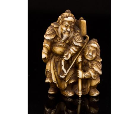 An Oriental ivory netsuke, carved as two warriors, signed, height 3.5cm