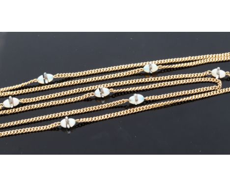 A 9ct yellow gold long chain necklace, eight opal and rock crystal roundels evenly spaced throughout, approximately 32 inches