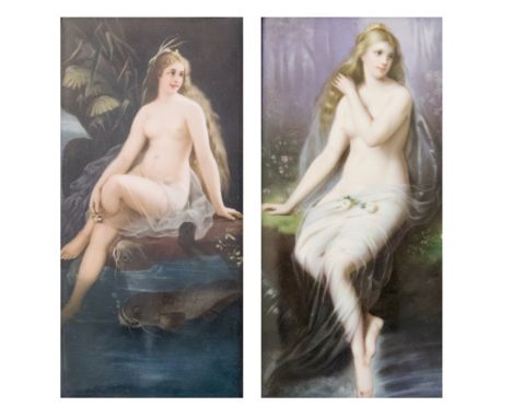 A pair of 19th Century Berlin rectangular porcelain plaques, circa 1860, each painted with a semi-nude nymph beside water, on