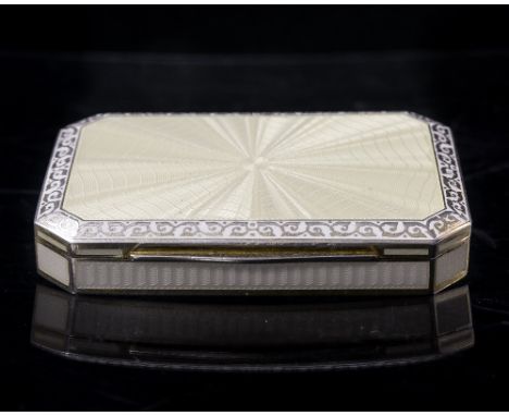 A circa 1920s Art Deco Austrian silver and all over pale lemon guilloche enamel octagonal box, gilt interior, struck marks, w