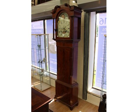 A George III mahogany eight day longcase clock, the white enamelled dial with painted decoration and black Roman numerals, th