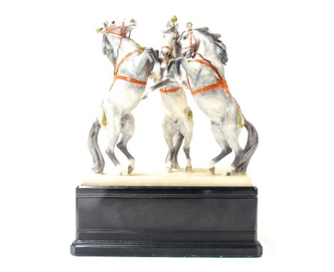 A rare Royal Worcester Circus Horses figure group designed by Doris Lindner, No.3179, height 28cm, width 25cm, on a plinth