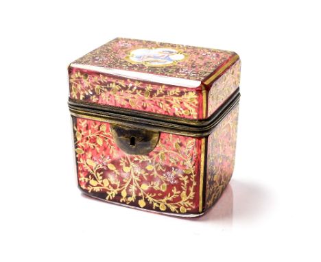 A 19th Century  European ruby glass lidded casket, circa 1850, raised gilt and enamel scrollwork decoration with a central ca