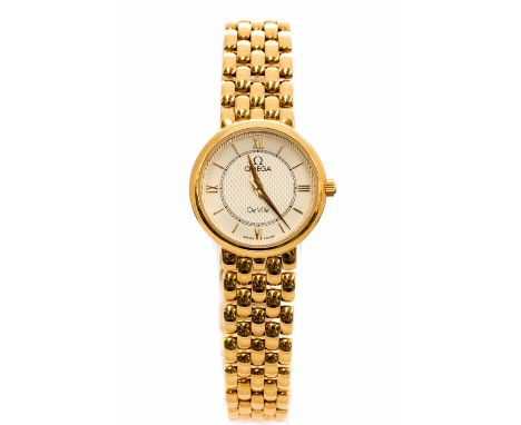 Omega, a lady's 18ct gold Omega De Ville quartz bracelet watch, round white metal engine turned dial, integral five row D lin