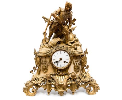 *A 19th Century French gilt metal bracket clock, circa 1870, surmounted with a soldier in armour, 8cm enamel Roman dial signe